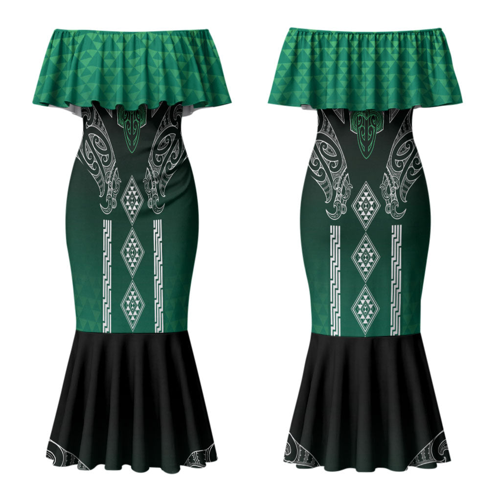 Aotearoa Maori Iwi Heritage Couples Matching Mermaid Dress and Long Sleeve Button Shirt Ngai Tahu Pounamu Green