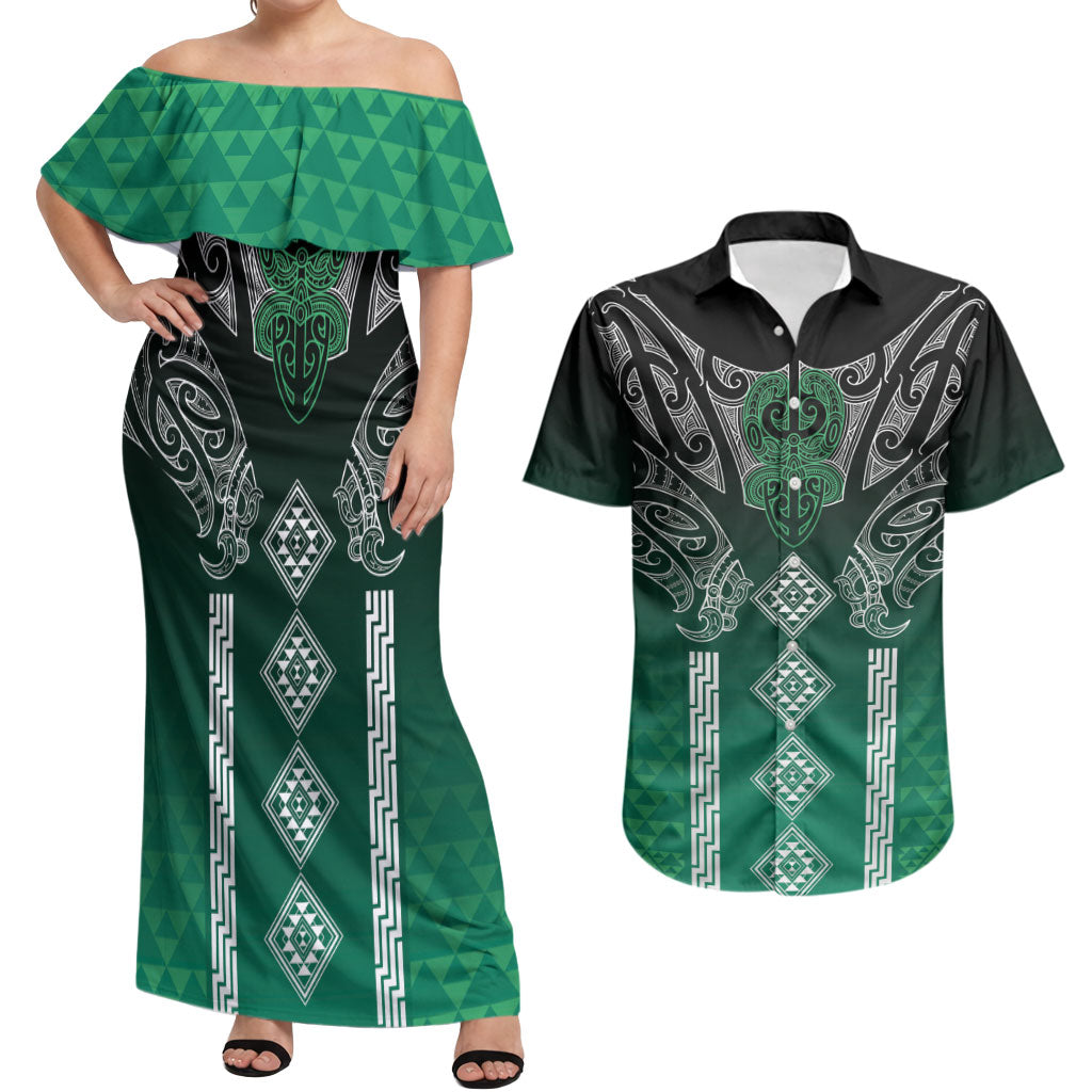 Aotearoa Maori Iwi Heritage Couples Matching Off Shoulder Maxi Dress and Hawaiian Shirt Ngai Tahu Pounamu Green LT7 Jade Green - Polynesian Pride