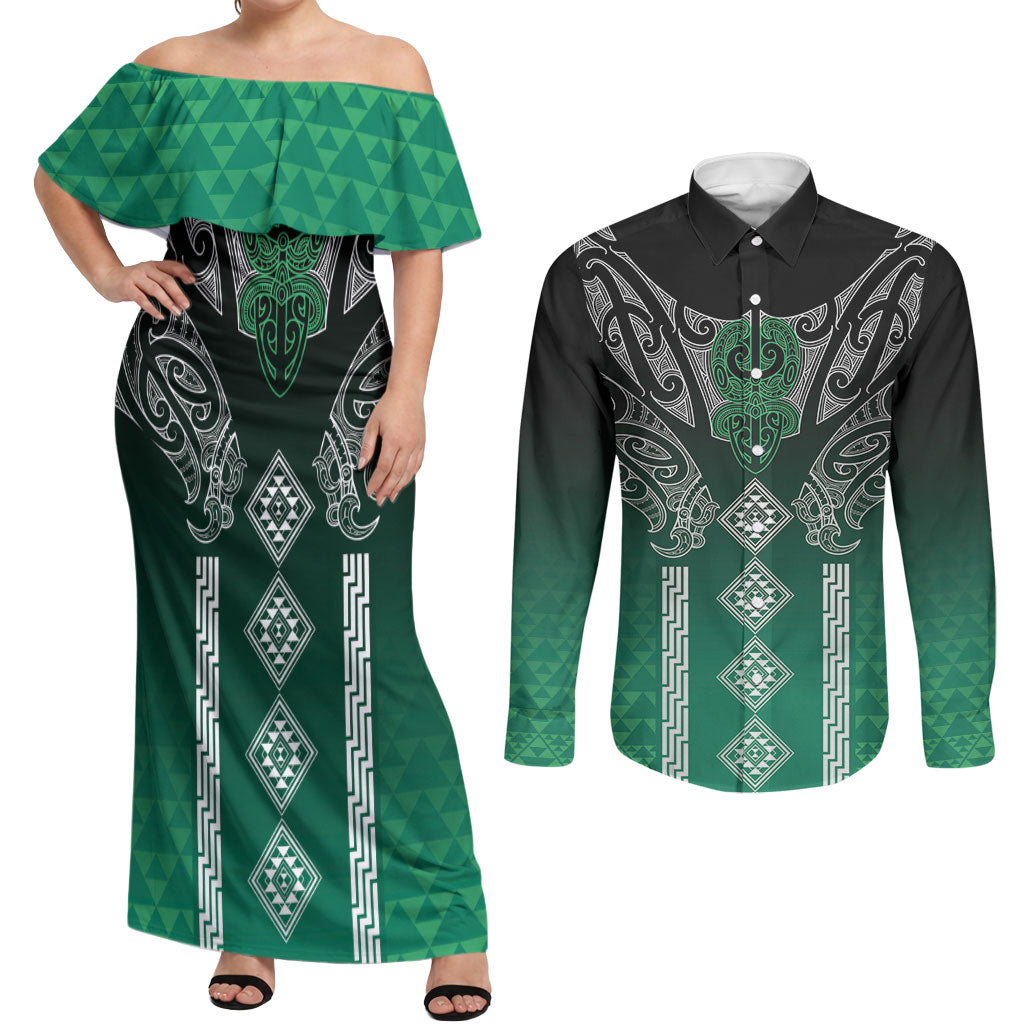 Aotearoa Maori Iwi Heritage Couples Matching Off Shoulder Maxi Dress and Long Sleeve Button Shirt Ngai Tahu Pounamu Green