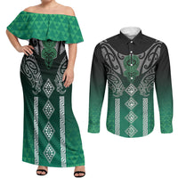 Aotearoa Maori Iwi Heritage Couples Matching Off Shoulder Maxi Dress and Long Sleeve Button Shirt Ngai Tahu Pounamu Green
