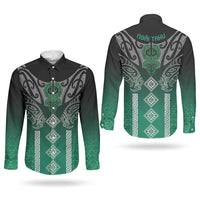 Aotearoa Maori Iwi Heritage Couples Matching Off Shoulder Maxi Dress and Long Sleeve Button Shirt Ngai Tahu Pounamu Green