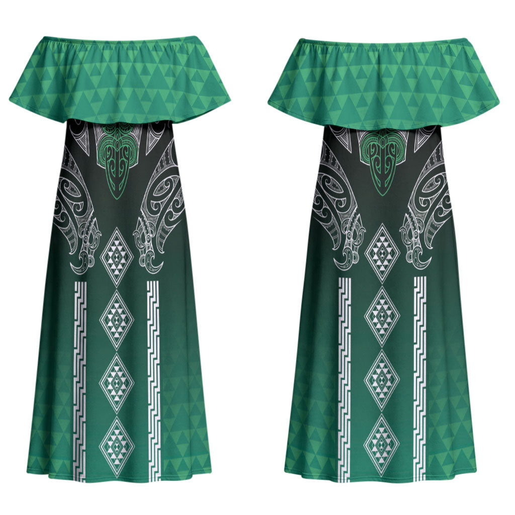 Aotearoa Maori Iwi Heritage Couples Matching Off Shoulder Maxi Dress and Long Sleeve Button Shirt Ngai Tahu Pounamu Green