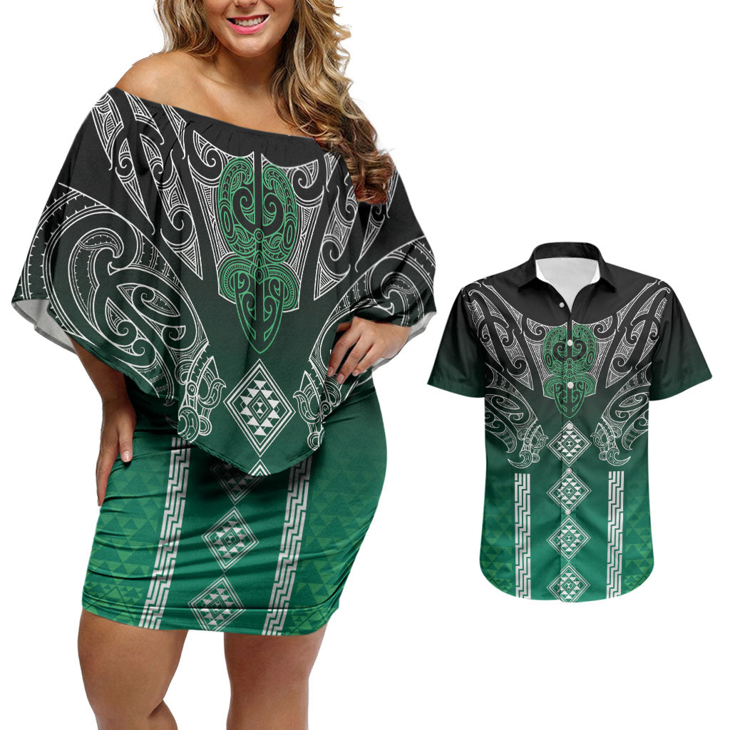 Aotearoa Maori Iwi Heritage Couples Matching Off Shoulder Short Dress and Hawaiian Shirt Ngai Tahu Pounamu Green LT7 Jade Green - Polynesian Pride