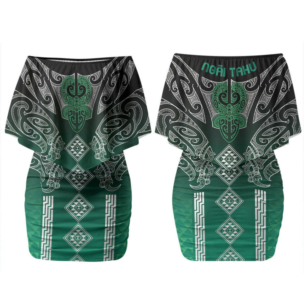 Aotearoa Maori Iwi Heritage Couples Matching Off Shoulder Short Dress and Hawaiian Shirt Ngai Tahu Pounamu Green