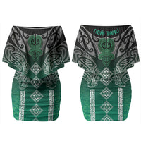Aotearoa Maori Iwi Heritage Couples Matching Off Shoulder Short Dress and Hawaiian Shirt Ngai Tahu Pounamu Green