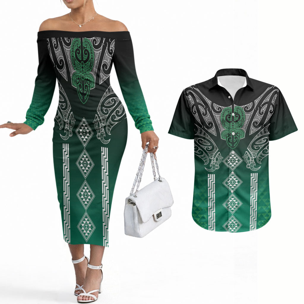 Aotearoa Maori Iwi Heritage Couples Matching Off The Shoulder Long Sleeve Dress and Hawaiian Shirt Ngai Tahu Pounamu Green