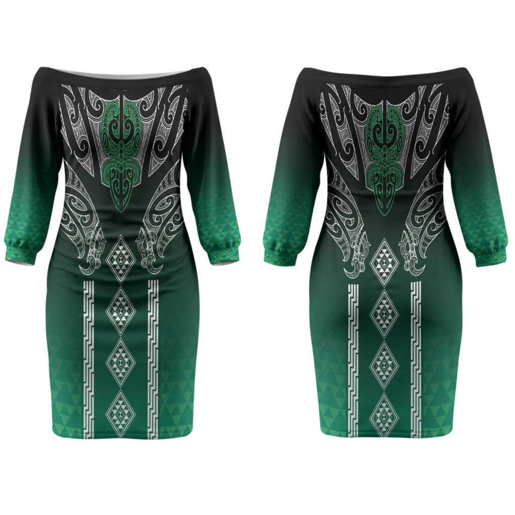 Aotearoa Maori Iwi Heritage Couples Matching Off The Shoulder Long Sleeve Dress and Long Sleeve Button Shirt Ngai Tahu Pounamu Green