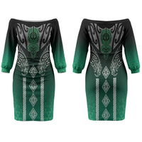 Aotearoa Maori Iwi Heritage Couples Matching Off The Shoulder Long Sleeve Dress and Long Sleeve Button Shirt Ngai Tahu Pounamu Green