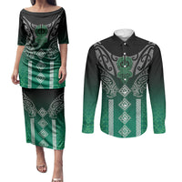 Aotearoa Maori Iwi Heritage Couples Matching Puletasi and Long Sleeve Button Shirt Ngai Tahu Pounamu Green