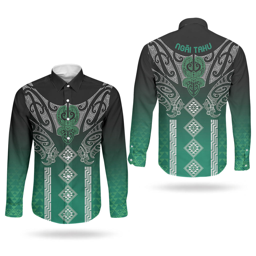 Aotearoa Maori Iwi Heritage Couples Matching Puletasi and Long Sleeve Button Shirt Ngai Tahu Pounamu Green