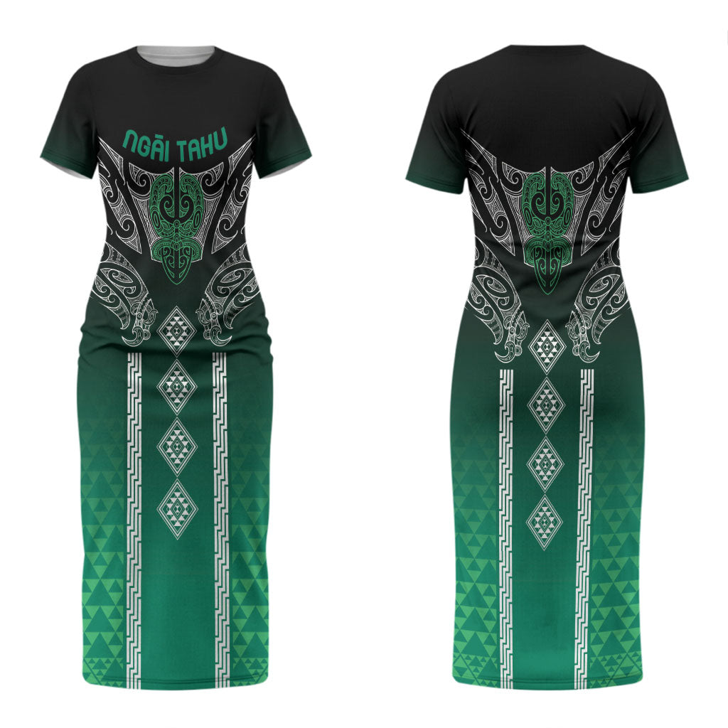 Aotearoa Maori Iwi Heritage Couples Matching Short Sleeve Bodycon Dress and Hawaiian Shirt Ngai Tahu Pounamu Green