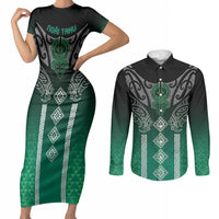 Aotearoa Maori Iwi Heritage Couples Matching Short Sleeve Bodycon Dress and Long Sleeve Button Shirt Ngai Tahu Pounamu Green