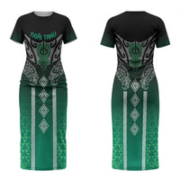 Aotearoa Maori Iwi Heritage Couples Matching Short Sleeve Bodycon Dress and Long Sleeve Button Shirt Ngai Tahu Pounamu Green