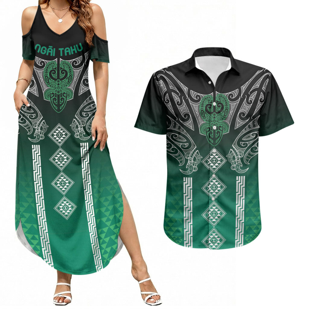 Aotearoa Maori Iwi Heritage Couples Matching Summer Maxi Dress and Hawaiian Shirt Ngai Tahu Pounamu Green