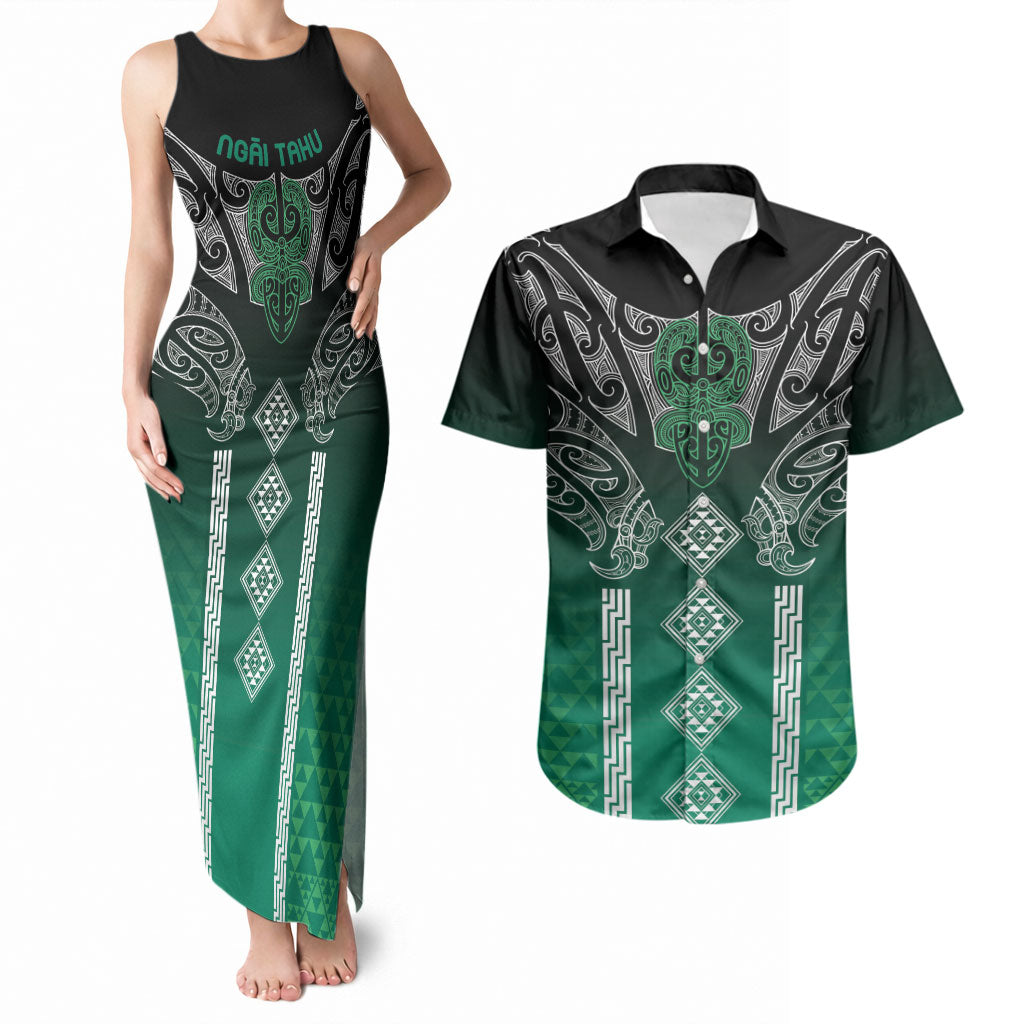 Aotearoa Maori Iwi Heritage Couples Matching Tank Maxi Dress and Hawaiian Shirt Ngai Tahu Pounamu Green LT7 Jade Green - Polynesian Pride