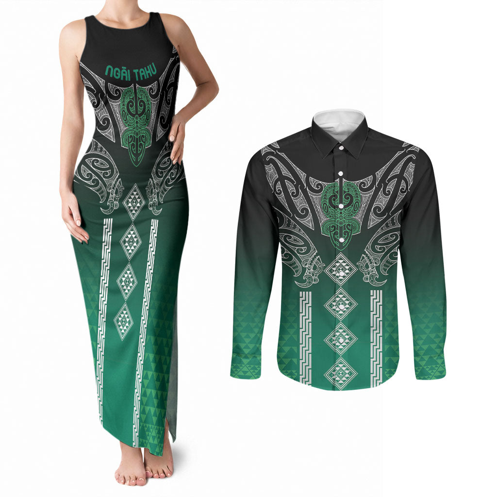 Aotearoa Maori Iwi Heritage Couples Matching Tank Maxi Dress and Long Sleeve Button Shirt Ngai Tahu Pounamu Green