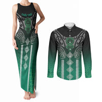 Aotearoa Maori Iwi Heritage Couples Matching Tank Maxi Dress and Long Sleeve Button Shirt Ngai Tahu Pounamu Green