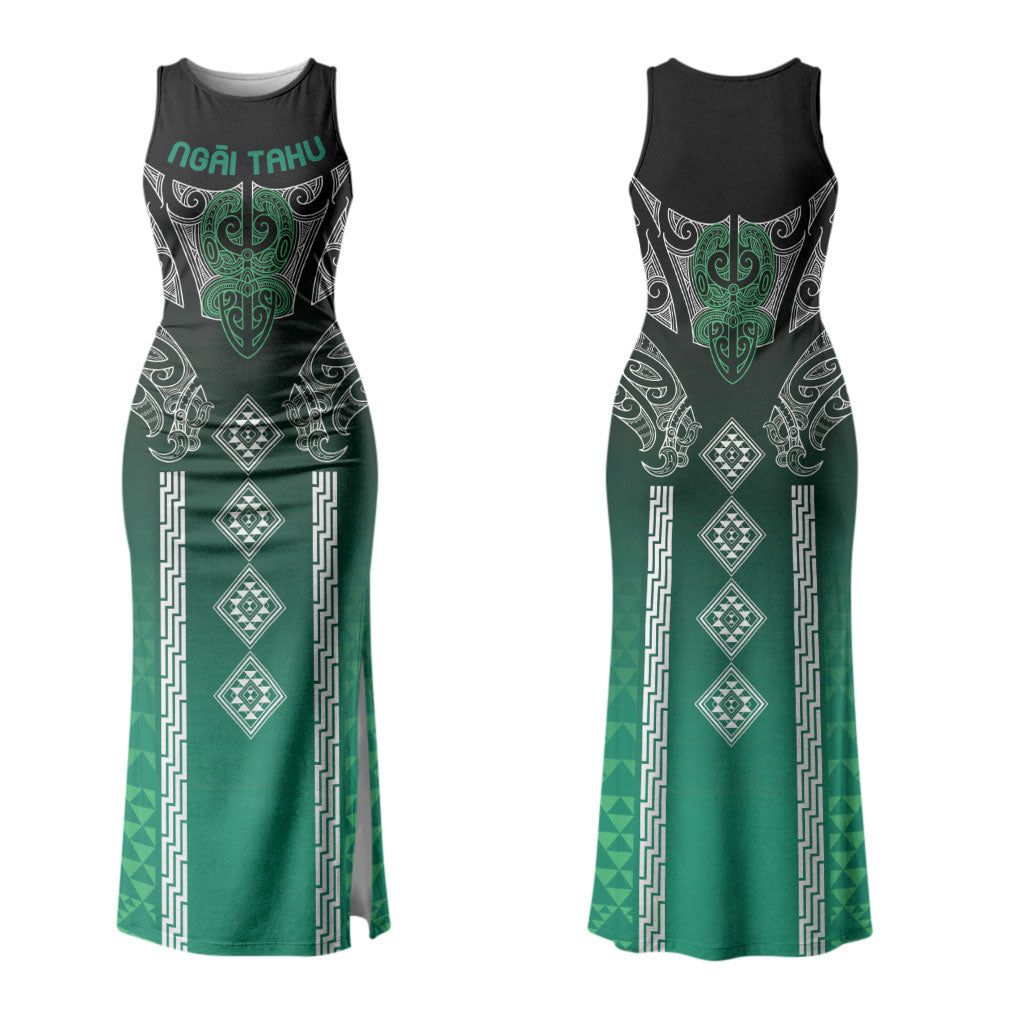 Aotearoa Maori Iwi Heritage Couples Matching Tank Maxi Dress and Long Sleeve Button Shirt Ngai Tahu Pounamu Green
