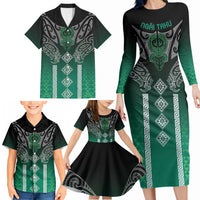 Aotearoa Maori Iwi Heritage Family Matching Long Sleeve Bodycon Dress and Hawaiian Shirt Ngai Tahu Pounamu Green