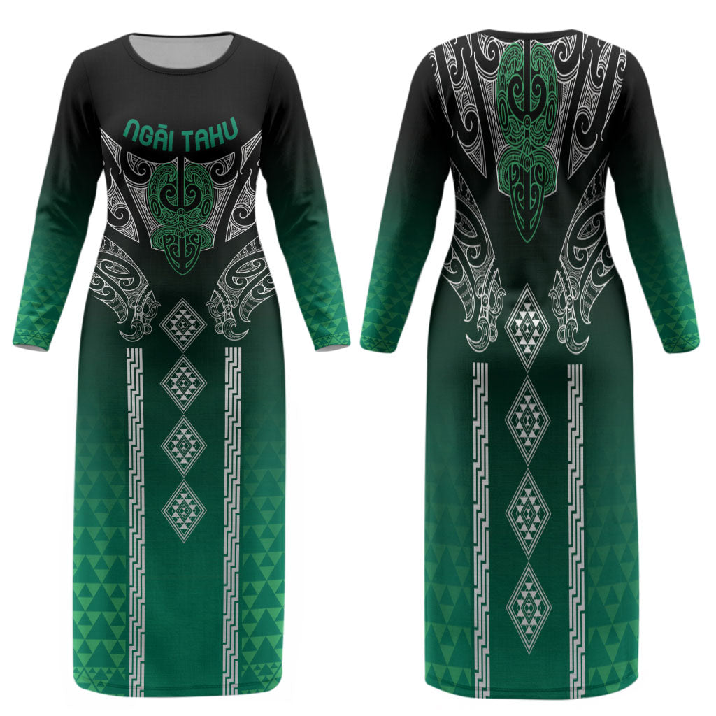 Aotearoa Maori Iwi Heritage Family Matching Long Sleeve Bodycon Dress and Hawaiian Shirt Ngai Tahu Pounamu Green