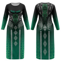 Aotearoa Maori Iwi Heritage Family Matching Long Sleeve Bodycon Dress and Hawaiian Shirt Ngai Tahu Pounamu Green