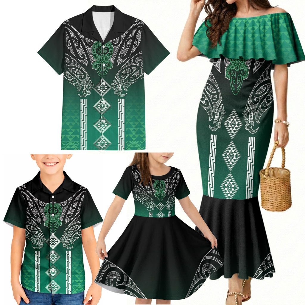Aotearoa Maori Iwi Heritage Family Matching Mermaid Dress and Hawaiian Shirt Ngai Tahu Pounamu Green LT7 - Polynesian Pride