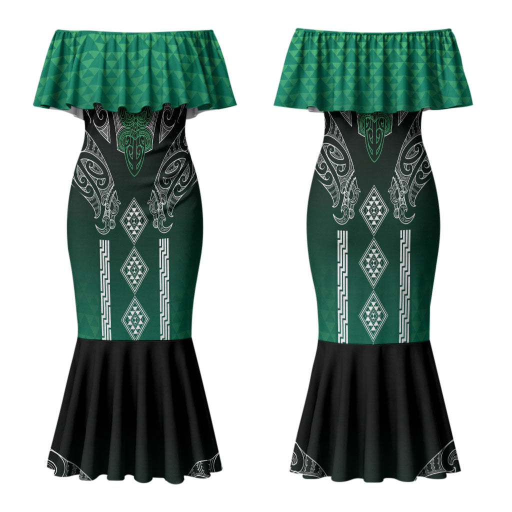 Aotearoa Maori Iwi Heritage Family Matching Mermaid Dress and Hawaiian Shirt Ngai Tahu Pounamu Green