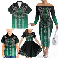 Aotearoa Maori Iwi Heritage Family Matching Off The Shoulder Long Sleeve Dress and Hawaiian Shirt Ngai Tahu Pounamu Green