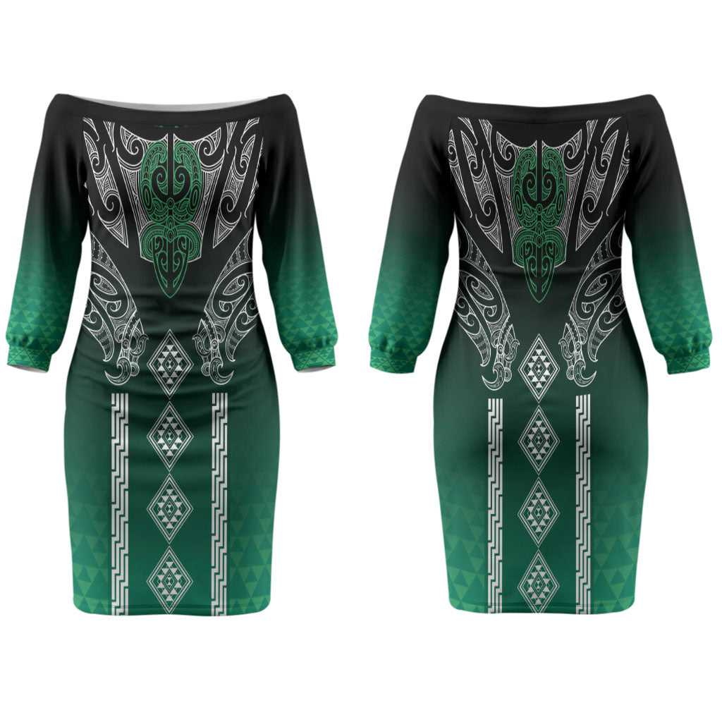Aotearoa Maori Iwi Heritage Family Matching Off The Shoulder Long Sleeve Dress and Hawaiian Shirt Ngai Tahu Pounamu Green