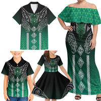 Aotearoa Maori Iwi Heritage Family Matching Off Shoulder Maxi Dress and Hawaiian Shirt Ngai Tahu Pounamu Green