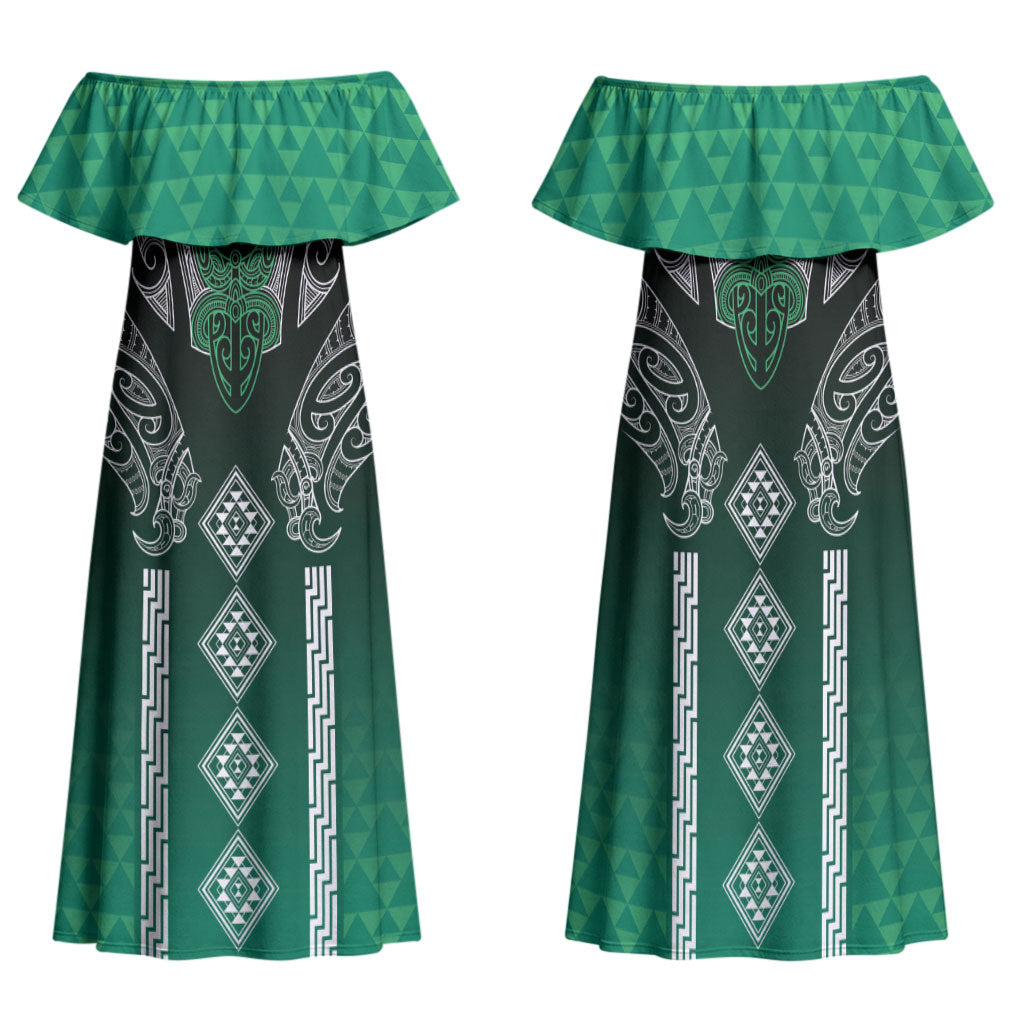 Aotearoa Maori Iwi Heritage Family Matching Off Shoulder Maxi Dress and Hawaiian Shirt Ngai Tahu Pounamu Green