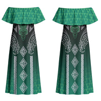 Aotearoa Maori Iwi Heritage Family Matching Off Shoulder Maxi Dress and Hawaiian Shirt Ngai Tahu Pounamu Green
