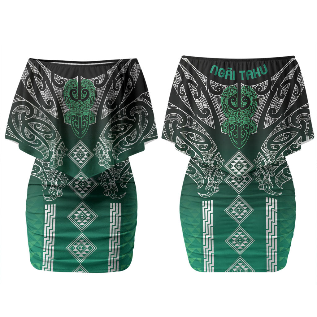 Aotearoa Maori Iwi Heritage Family Matching Off Shoulder Short Dress and Hawaiian Shirt Ngai Tahu Pounamu Green