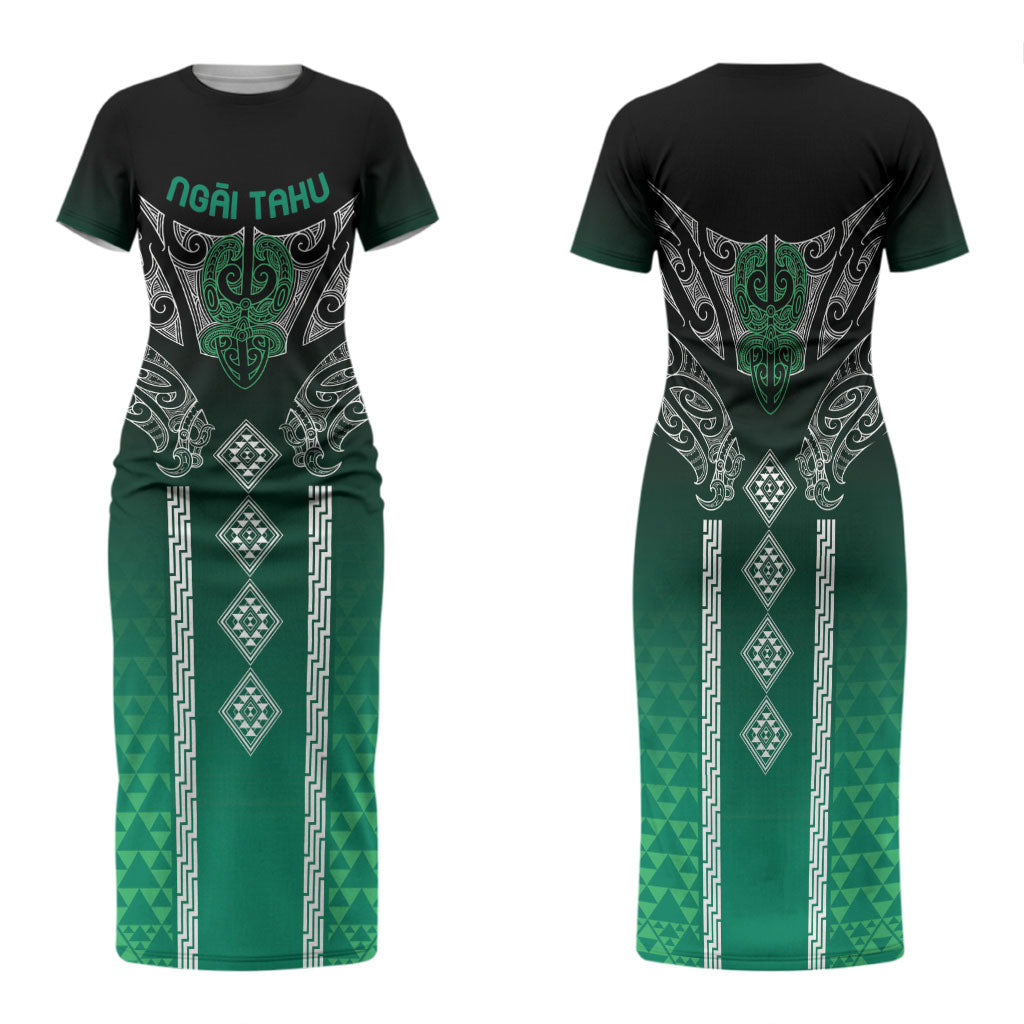 Aotearoa Maori Iwi Heritage Family Matching Short Sleeve Bodycon Dress and Hawaiian Shirt Ngai Tahu Pounamu Green
