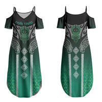 Aotearoa Maori Iwi Heritage Family Matching Summer Maxi Dress and Hawaiian Shirt Ngai Tahu Pounamu Green