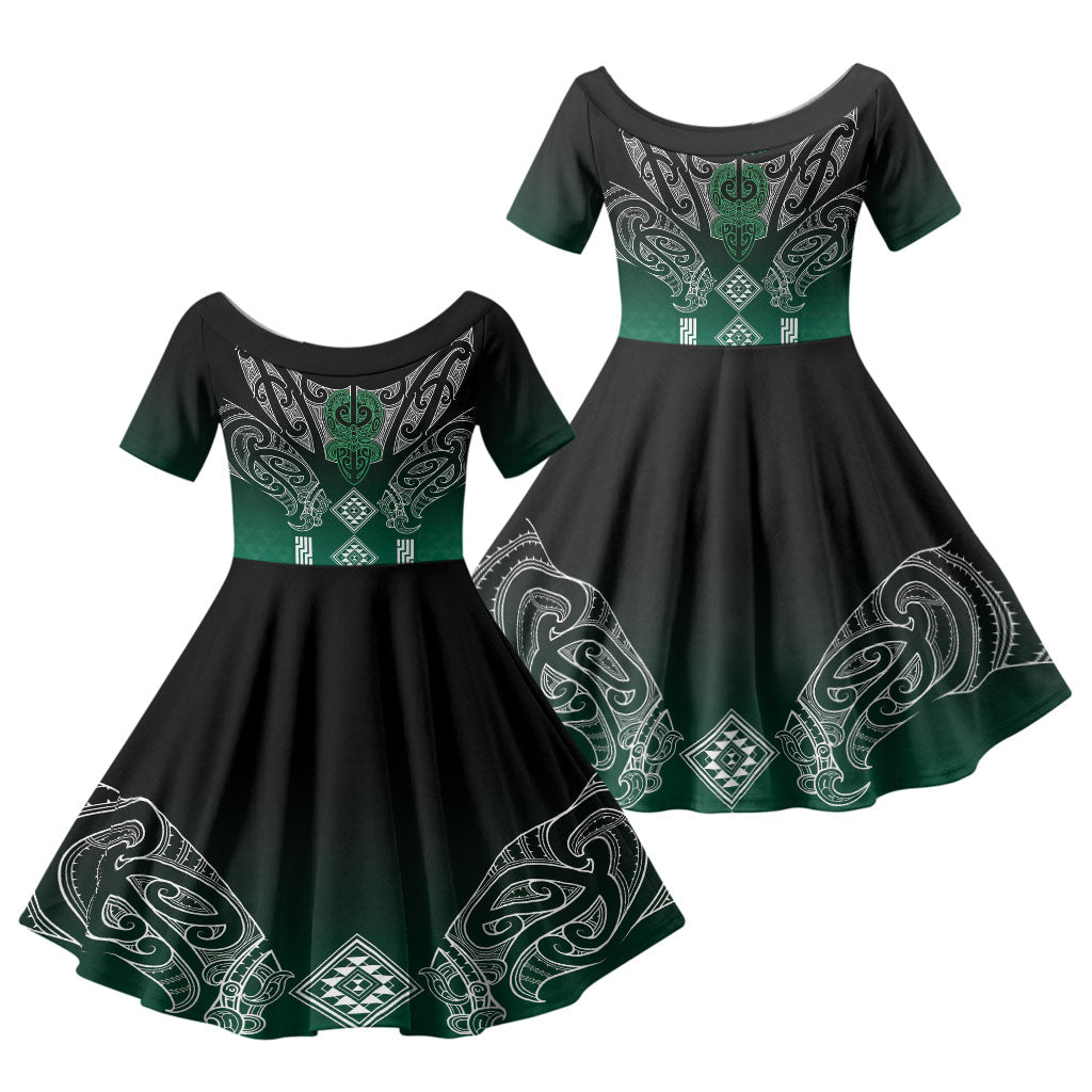 Aotearoa Maori Iwi Heritage Family Matching Summer Maxi Dress and Hawaiian Shirt Ngai Tahu Pounamu Green