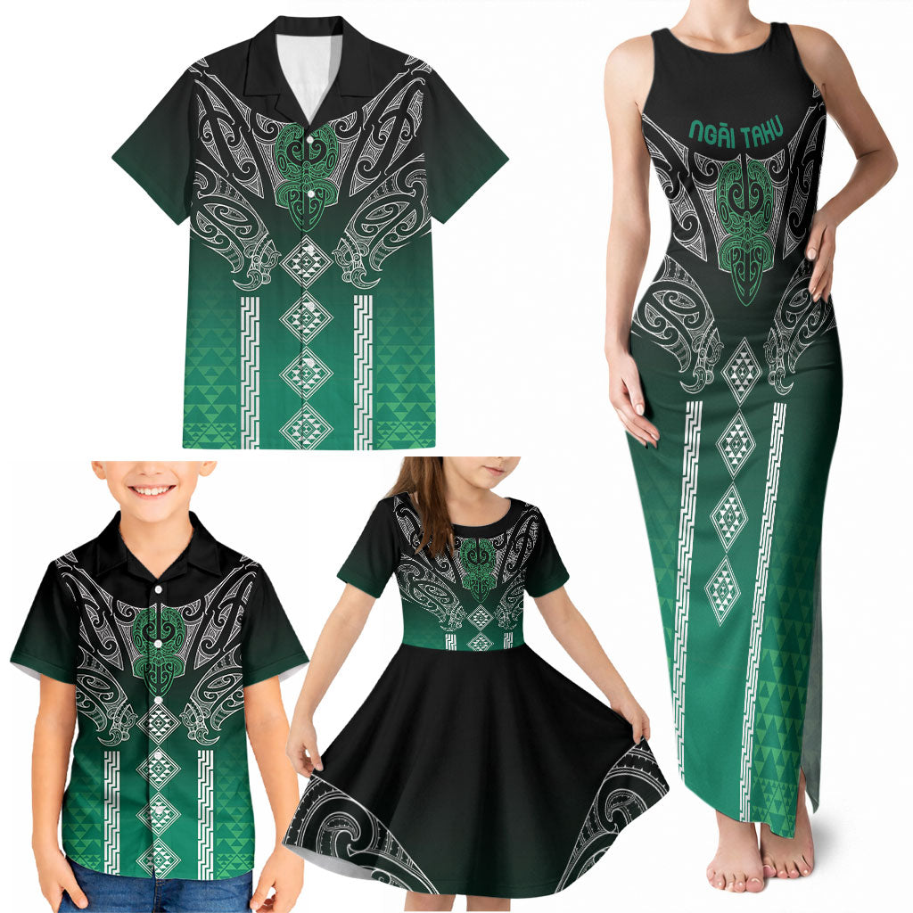 Aotearoa Maori Iwi Heritage Family Matching Tank Maxi Dress and Hawaiian Shirt Ngai Tahu Pounamu Green LT7 - Polynesian Pride