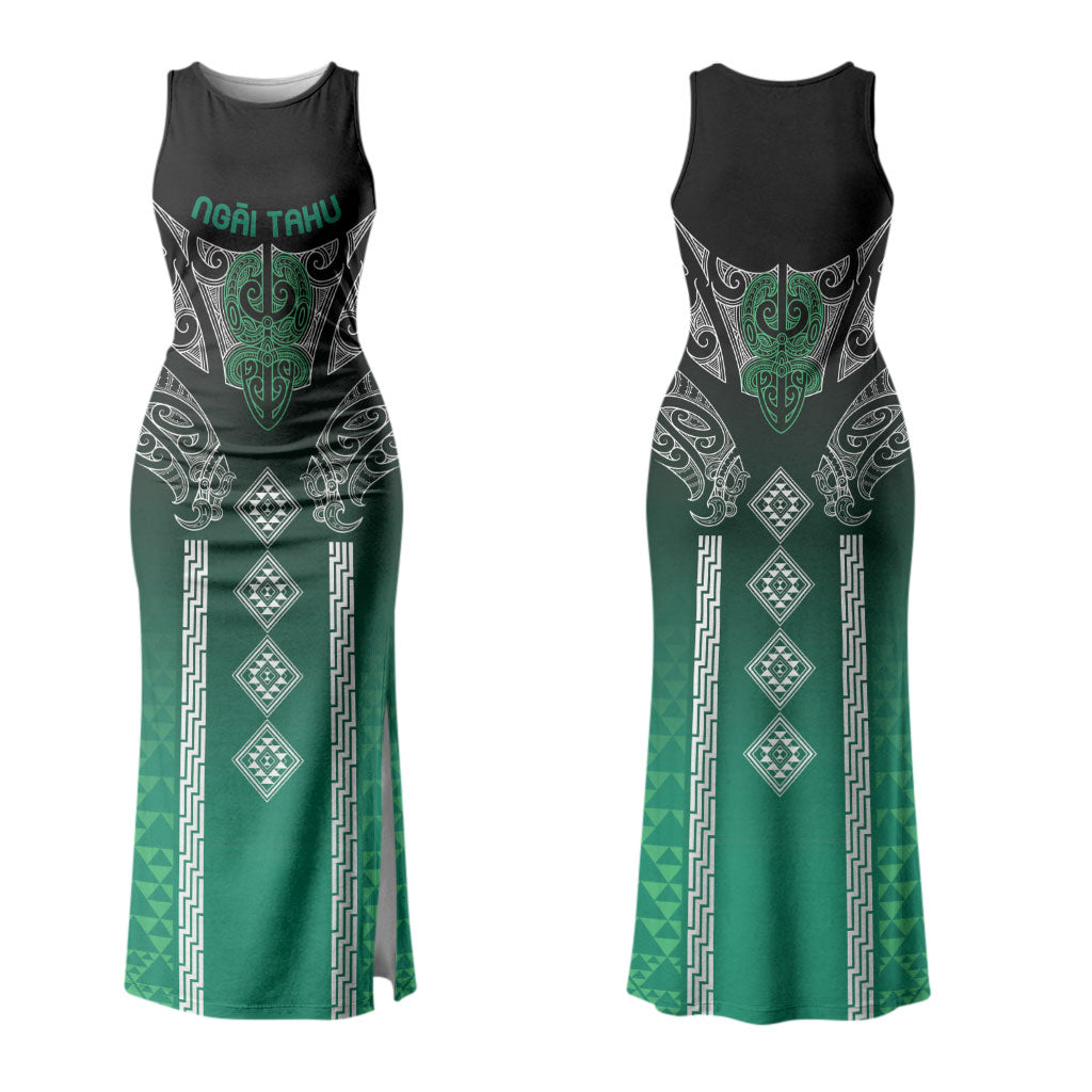 Aotearoa Maori Iwi Heritage Family Matching Tank Maxi Dress and Hawaiian Shirt Ngai Tahu Pounamu Green