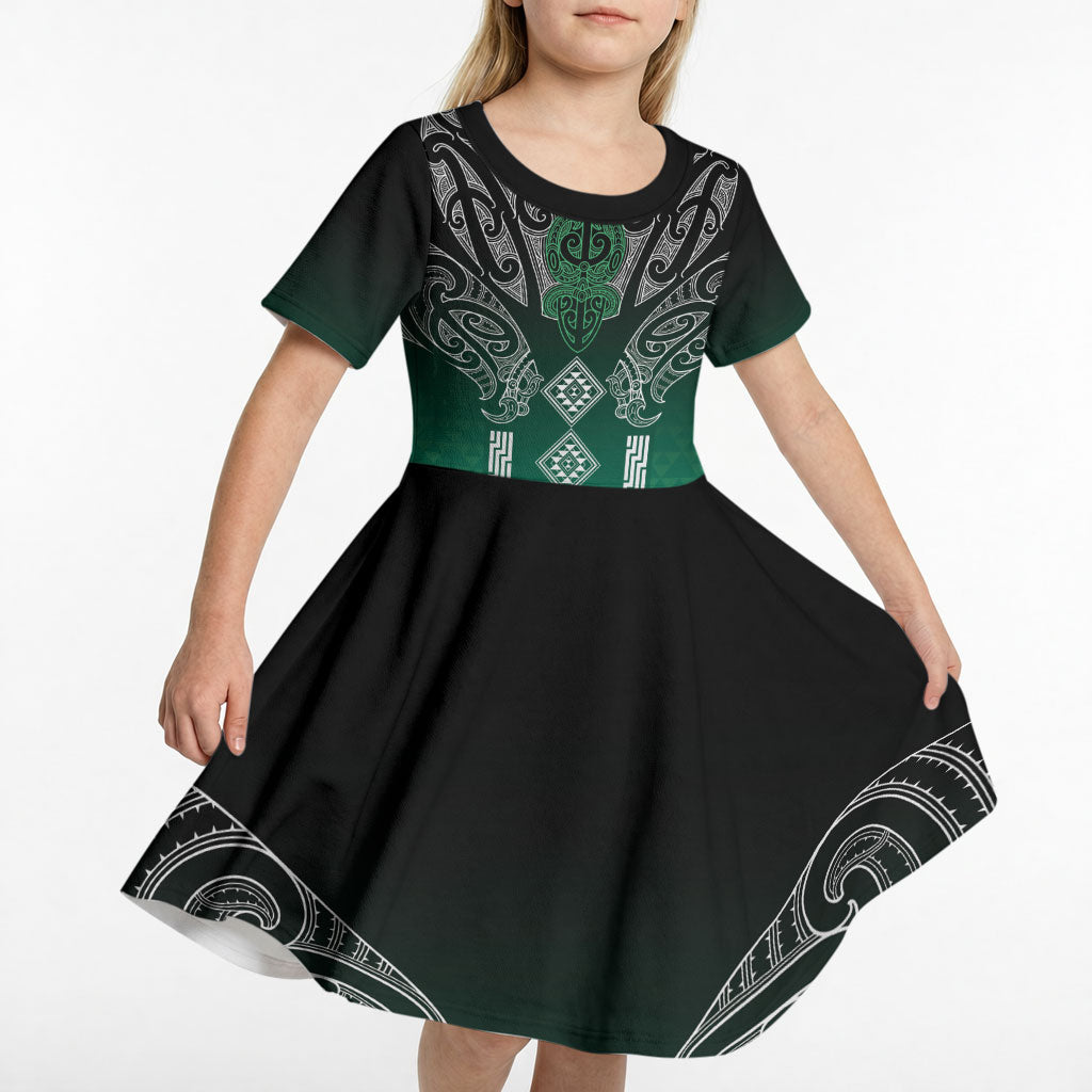 Aotearoa Maori Iwi Heritage Kid Short Sleeve Dress Ngai Tahu Pounamu Green