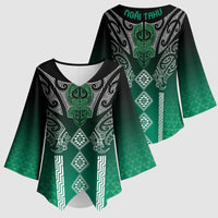 Aotearoa Maori Iwi Heritage Kimono Sleeve Blouse Ngai Tahu Pounamu Green