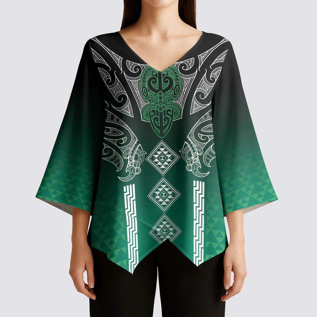 Aotearoa Maori Iwi Heritage Kimono Sleeve Blouse Ngai Tahu Pounamu Green
