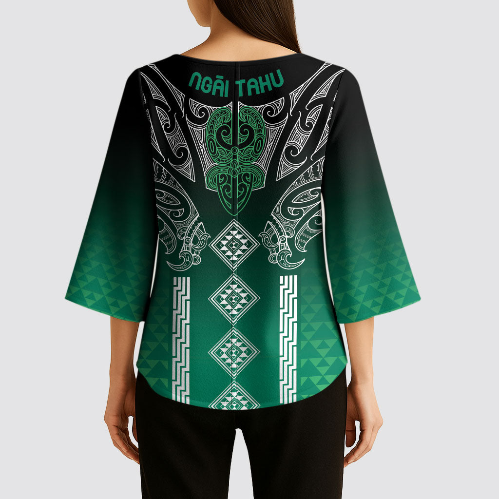 Aotearoa Maori Iwi Heritage Kimono Sleeve Blouse Ngai Tahu Pounamu Green