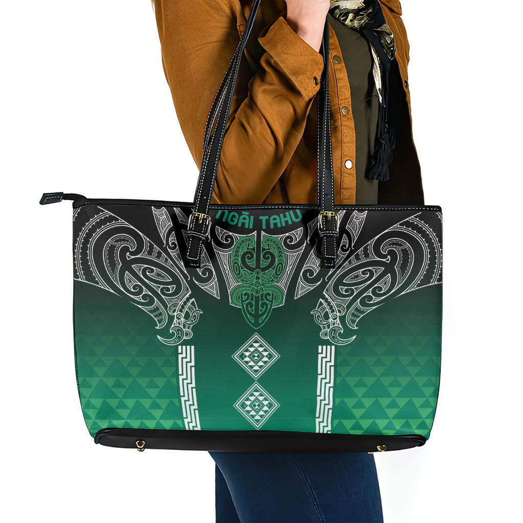 Aotearoa Maori Iwi Heritage Leather Tote Bag Ngai Tahu Pounamu Green