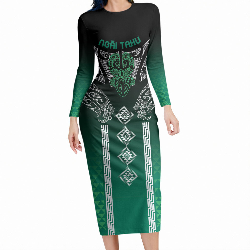 Aotearoa Maori Iwi Heritage Long Sleeve Bodycon Dress Ngai Tahu Pounamu Green