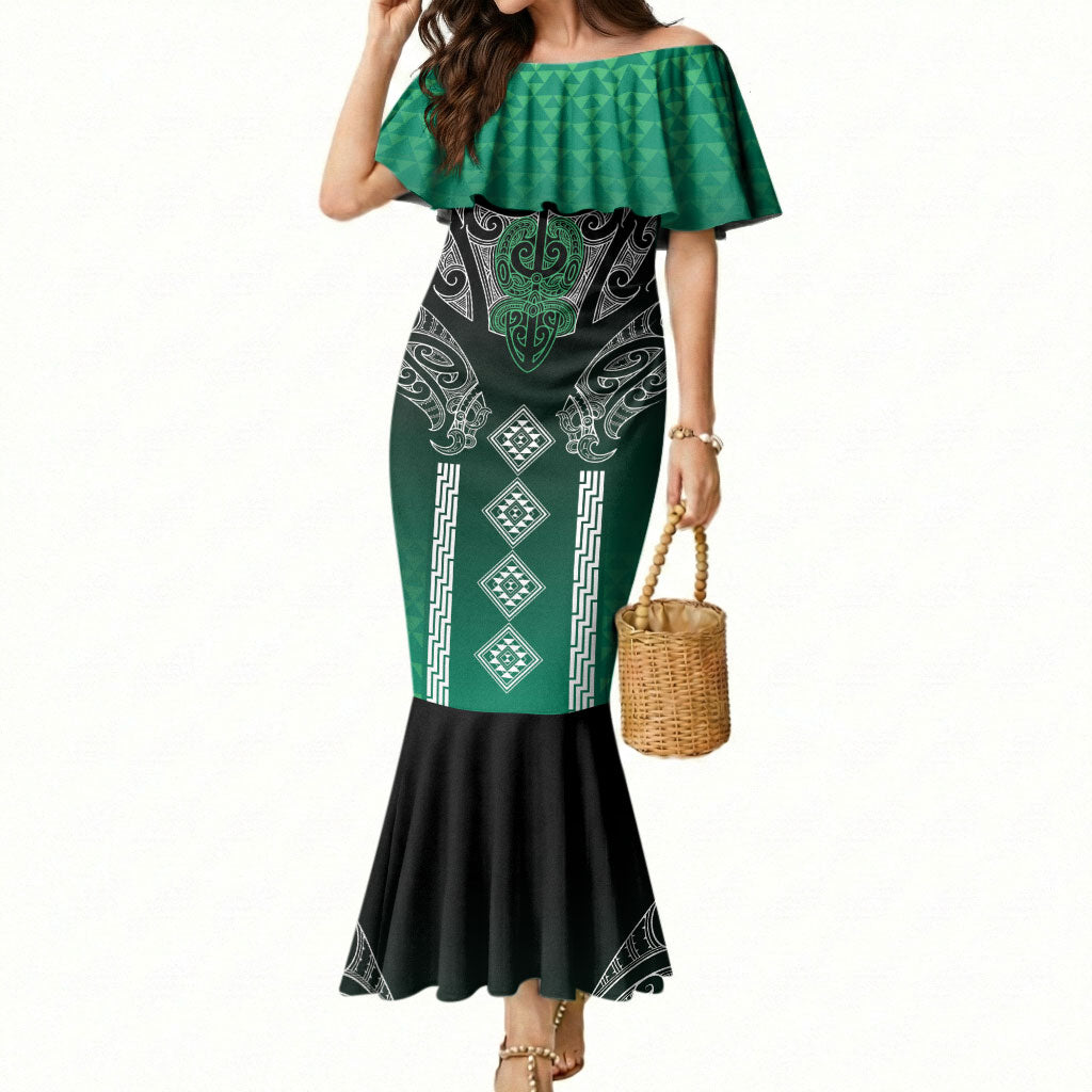 Aotearoa Maori Iwi Heritage Mermaid Dress Ngai Tahu Pounamu Green