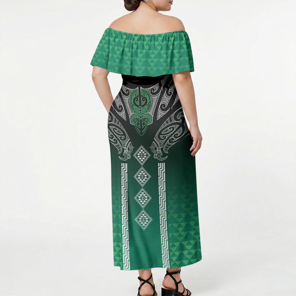 Aotearoa Maori Iwi Heritage Off Shoulder Maxi Dress Ngai Tahu Pounamu Green