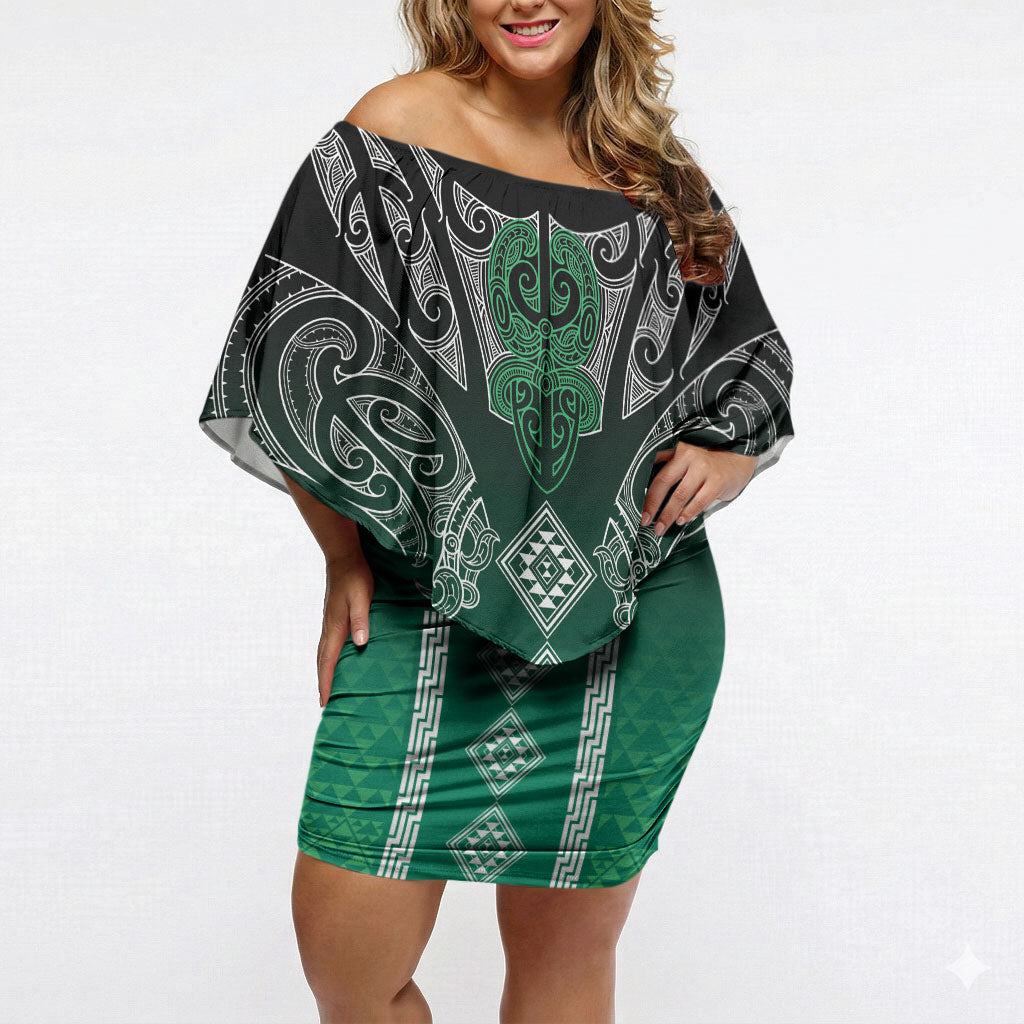 Aotearoa Maori Iwi Heritage Off Shoulder Short Dress Ngai Tahu Pounamu Green