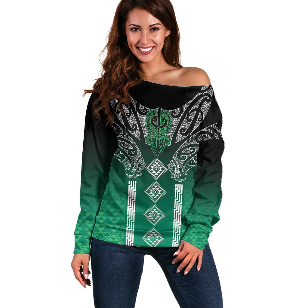 Aotearoa Maori Iwi Heritage Off Shoulder Sweater Ngai Tahu Pounamu Green