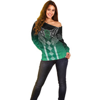Aotearoa Maori Iwi Heritage Off Shoulder Sweater Ngai Tahu Pounamu Green