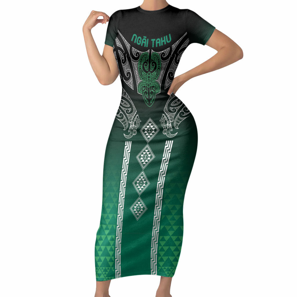 Aotearoa Maori Iwi Heritage Short Sleeve Bodycon Dress Ngai Tahu Pounamu Green